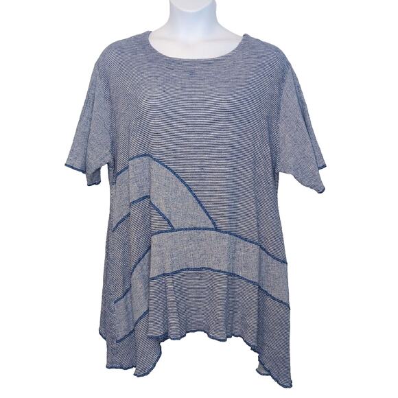 Dunes Relaxed Fashion Tunic Top OS Blue Patchwork Stripe Cotton Knit Lagenlook - Picture 2 of 12